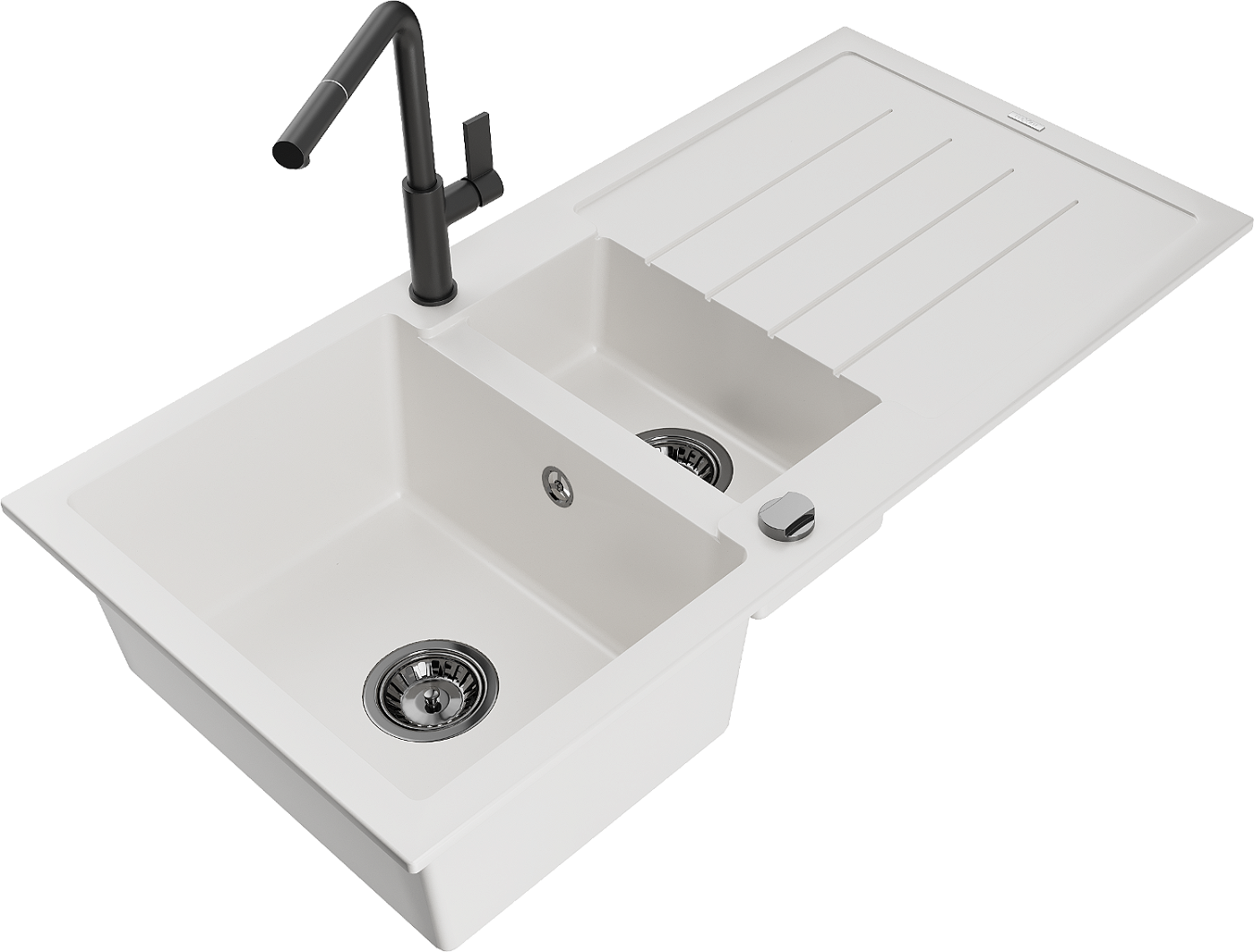 Mexen Andres zlewozmywak granitowy 1,5-komorowy z ociekaczem i baterią kuchenną Flora, biały - 6515-20-670401-70-B