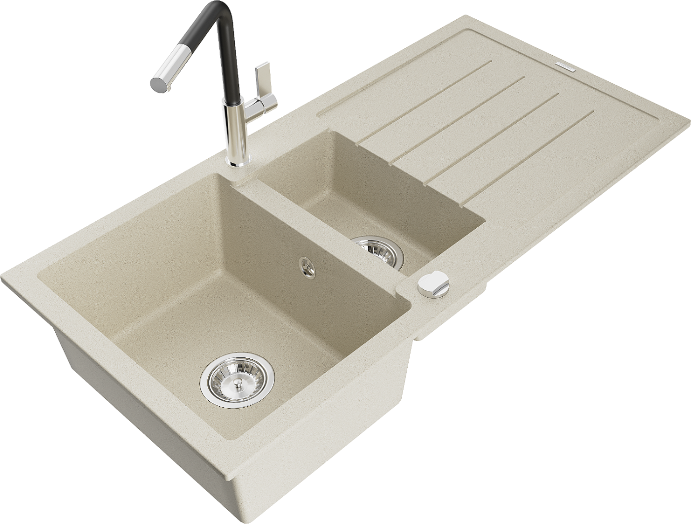 Mexen Andres zlewozmywak granitowy 1,5-komorowy z ociekaczem i baterią kuchenną Flora, beżowy - 6515-69-670401-07