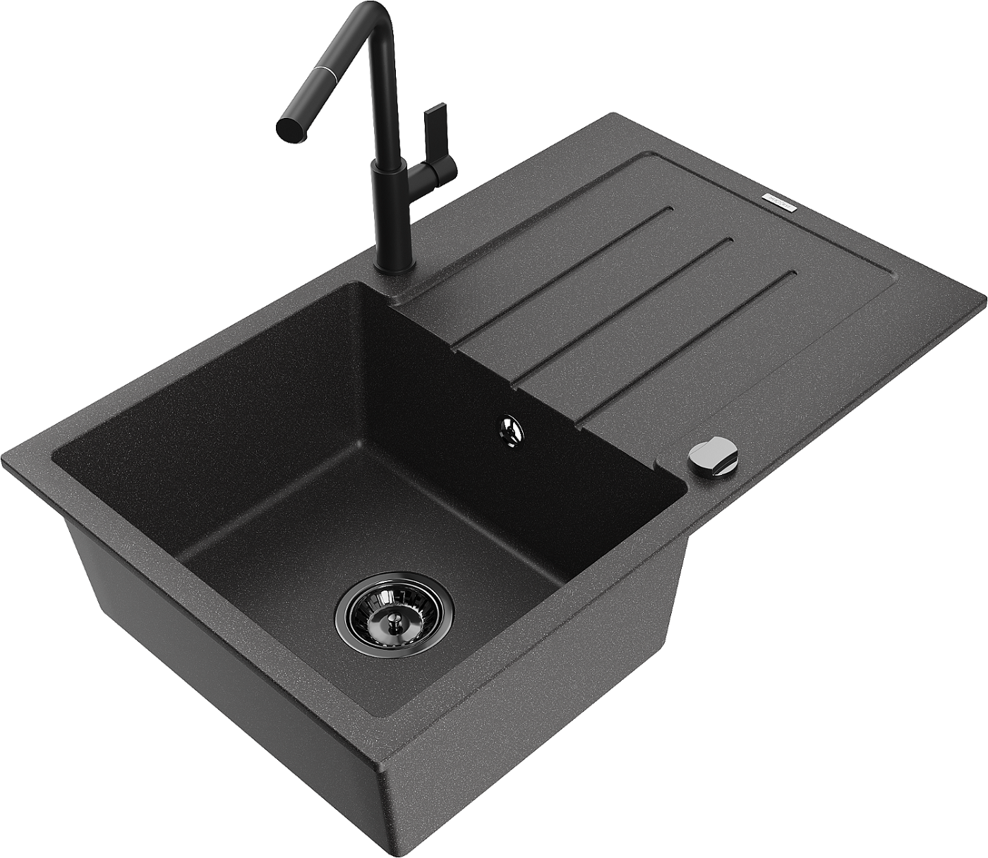 Mexen Bruno zlewozmywak granitowy 1-komorowy z ociekaczem i baterią kuchenną Flora, czarny nakrapiany - 6513-76-670401-70-B