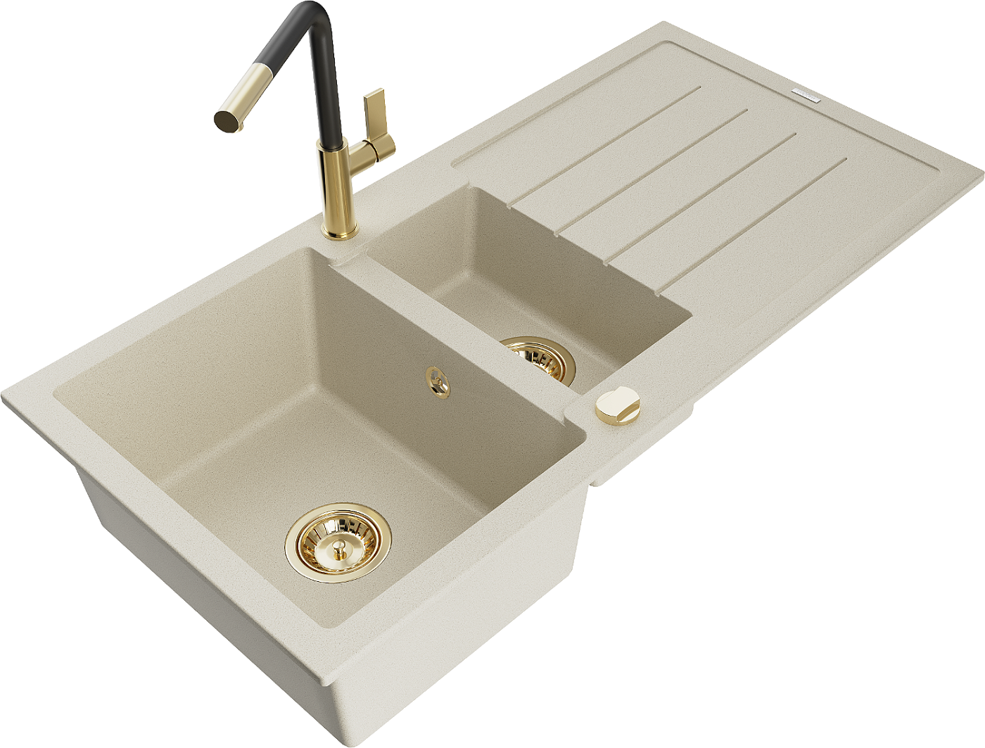 Mexen Andres zlewozmywak granitowy 1,5-komorowy z ociekaczem i baterią kuchenną Flora, beżowy - 6515-69-670401-57-G