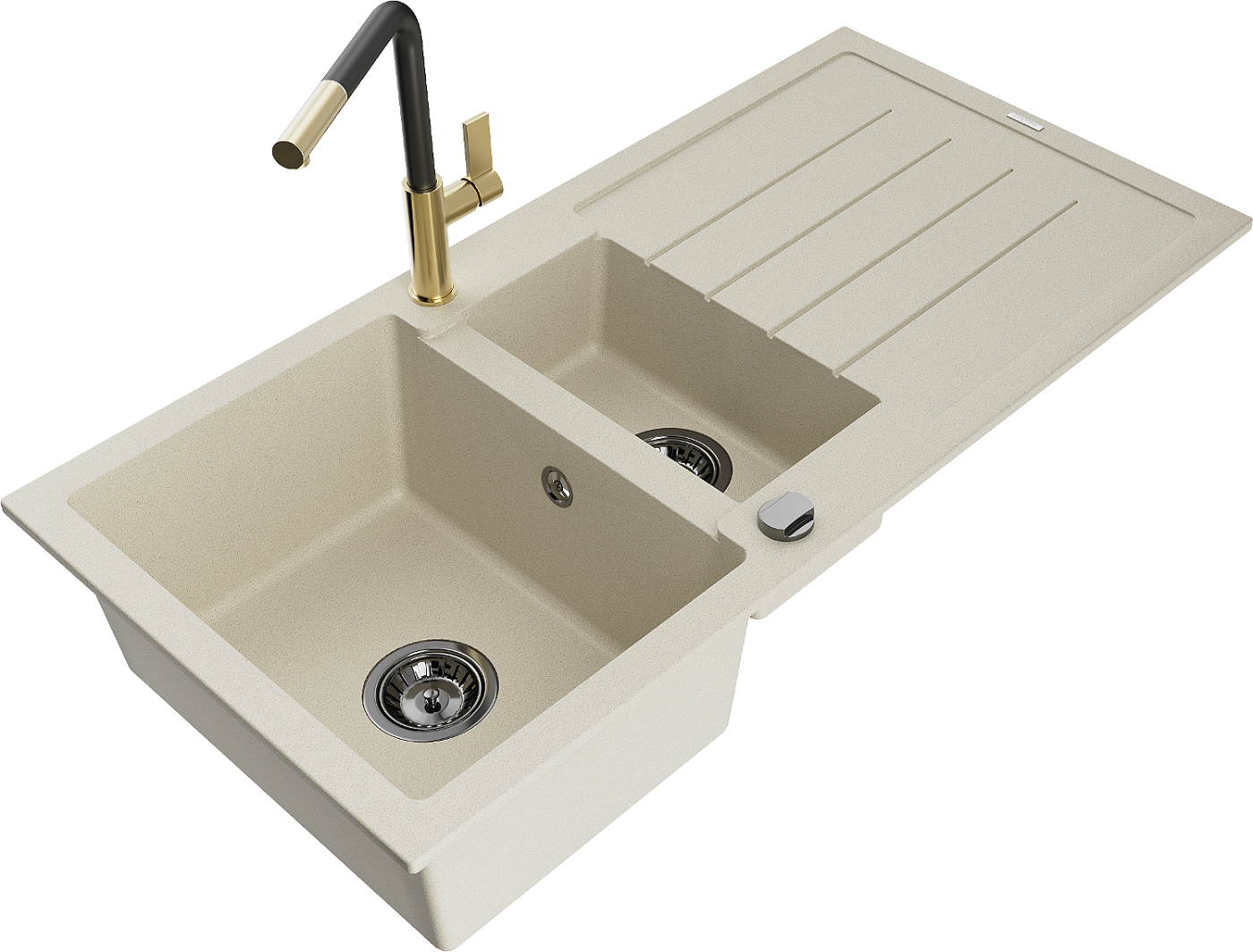 Mexen Andres zlewozmywak granitowy 1,5-komorowy z ociekaczem i baterią kuchenną Flora, beżowy - 6515-69-670401-57-B