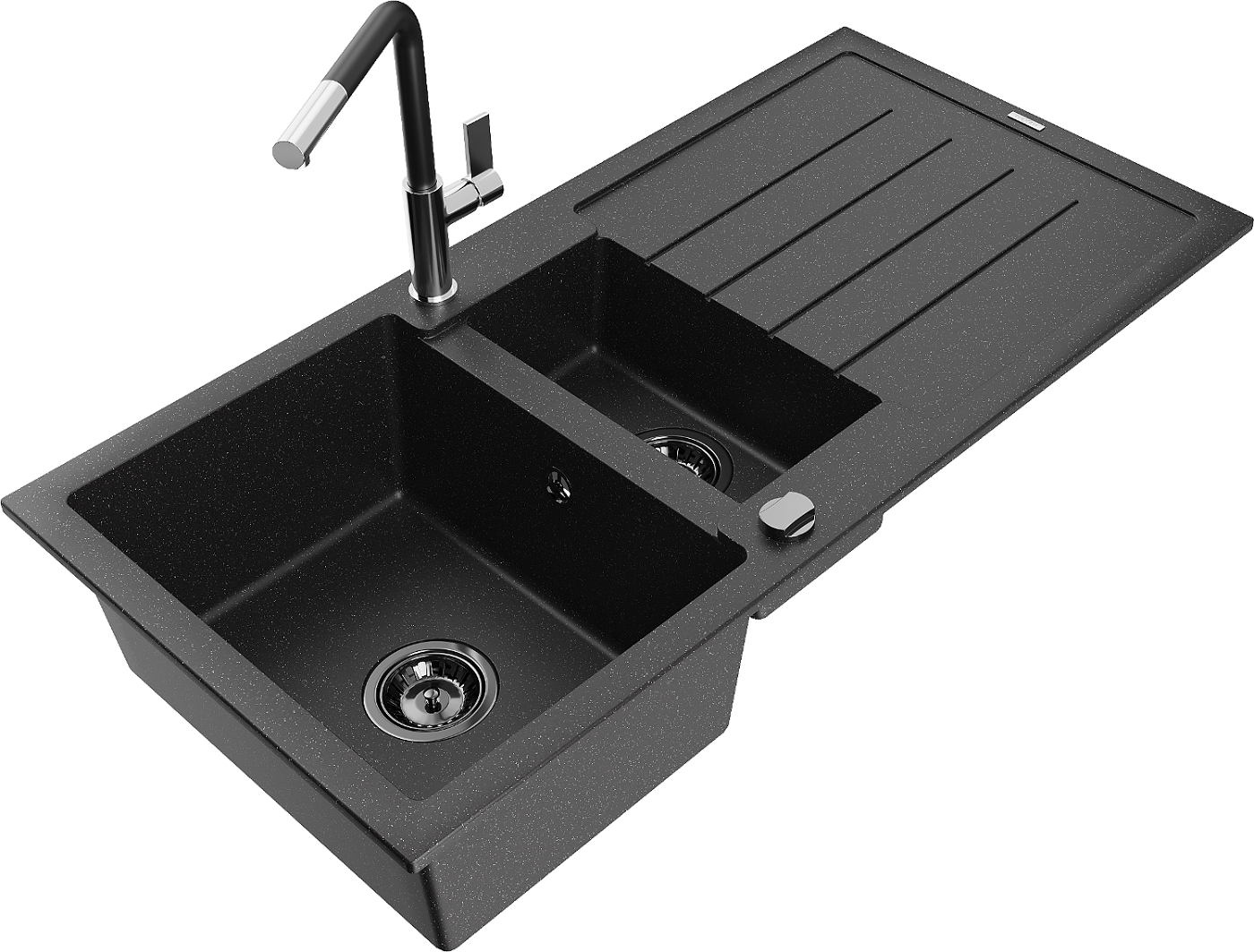 Mexen Andres zlewozmywak granitowy 1,5-komorowy z ociekaczem i baterią kuchenną Flora, czarny/srebrny - 6515-73-670401-07-B