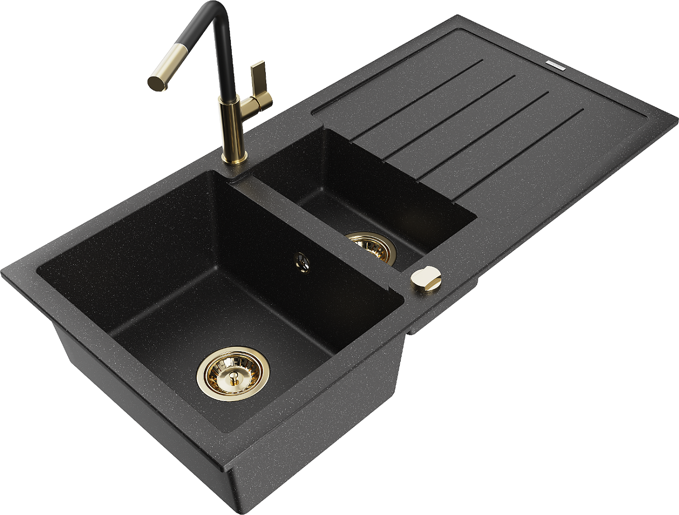 Mexen Andres zlewozmywak granitowy 1,5-komorowy z ociekaczem i baterią kuchenną Flora, czarny/srebrny - 6515-73-670401-57-G
