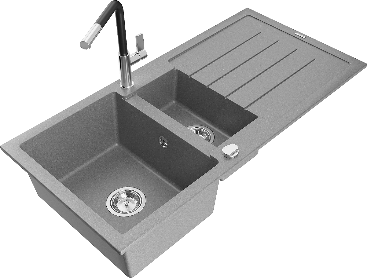Mexen Andres zlewozmywak granitowy 1,5-komorowy z ociekaczem i baterią kuchenną Flora, szary - 6515-71-670401-07