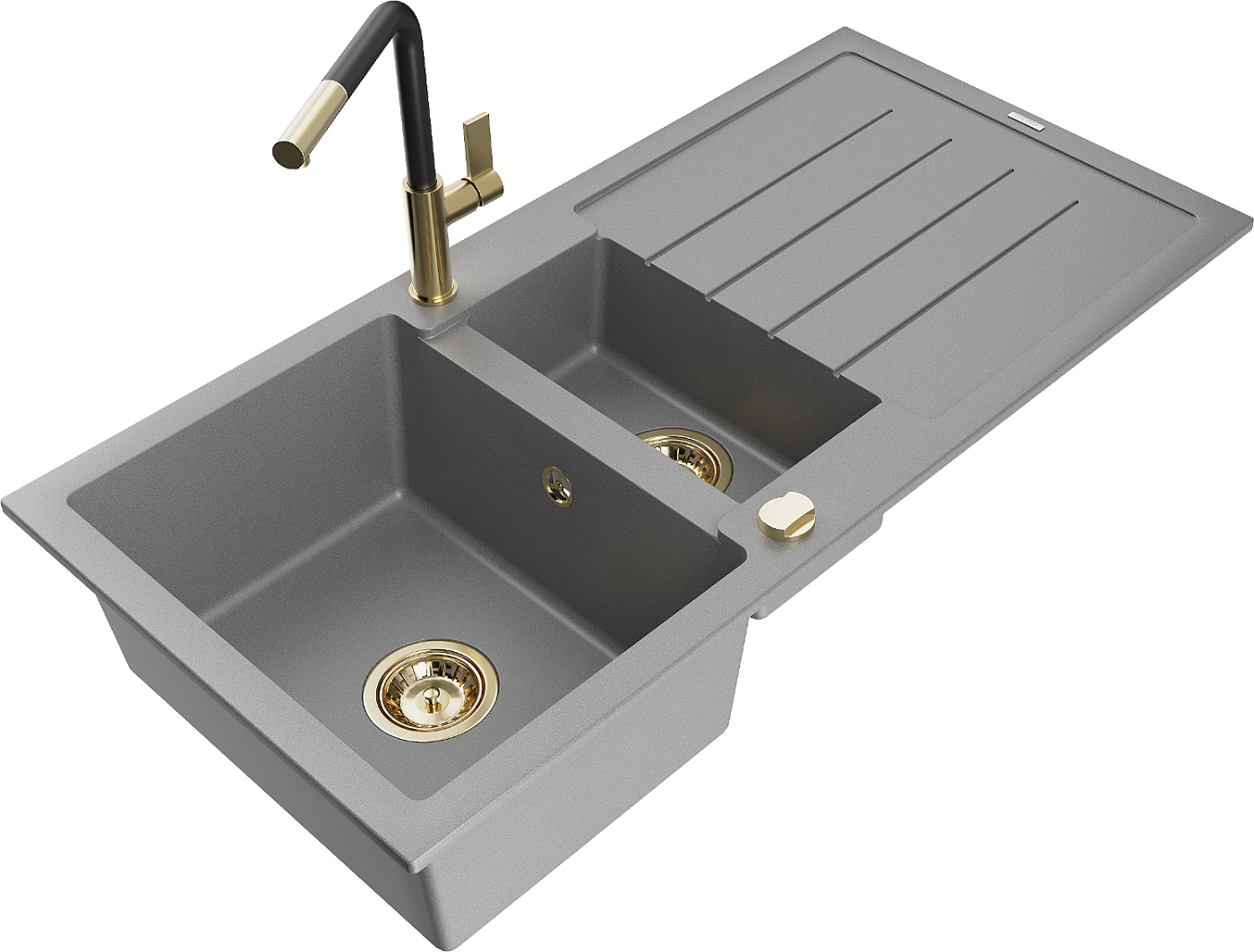 Mexen Andres zlewozmywak granitowy 1,5-komorowy z ociekaczem i baterią kuchenną Flora, szary - 6515-71-670401-57-G