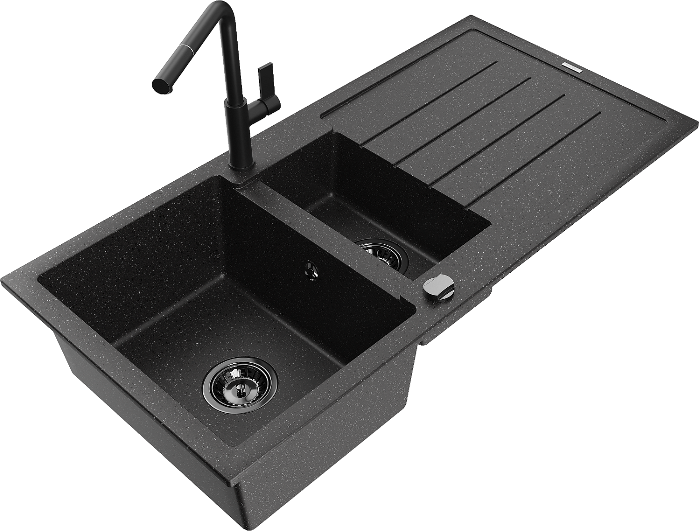 Mexen Andres zlewozmywak granitowy 1,5-komorowy z ociekaczem i baterią kuchenną Flora, czarny/srebrny - 6515-73-670401-70-B