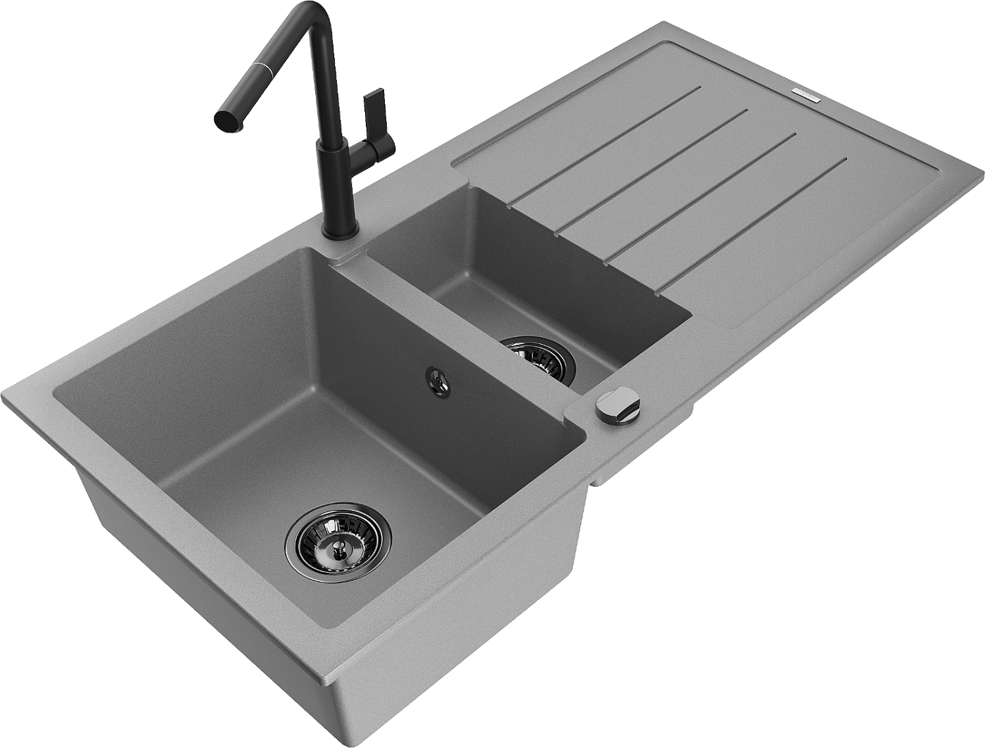 Mexen Andres zlewozmywak granitowy 1,5-komorowy z ociekaczem i baterią kuchenną Flora, szary - 6515-71-670401-70-B