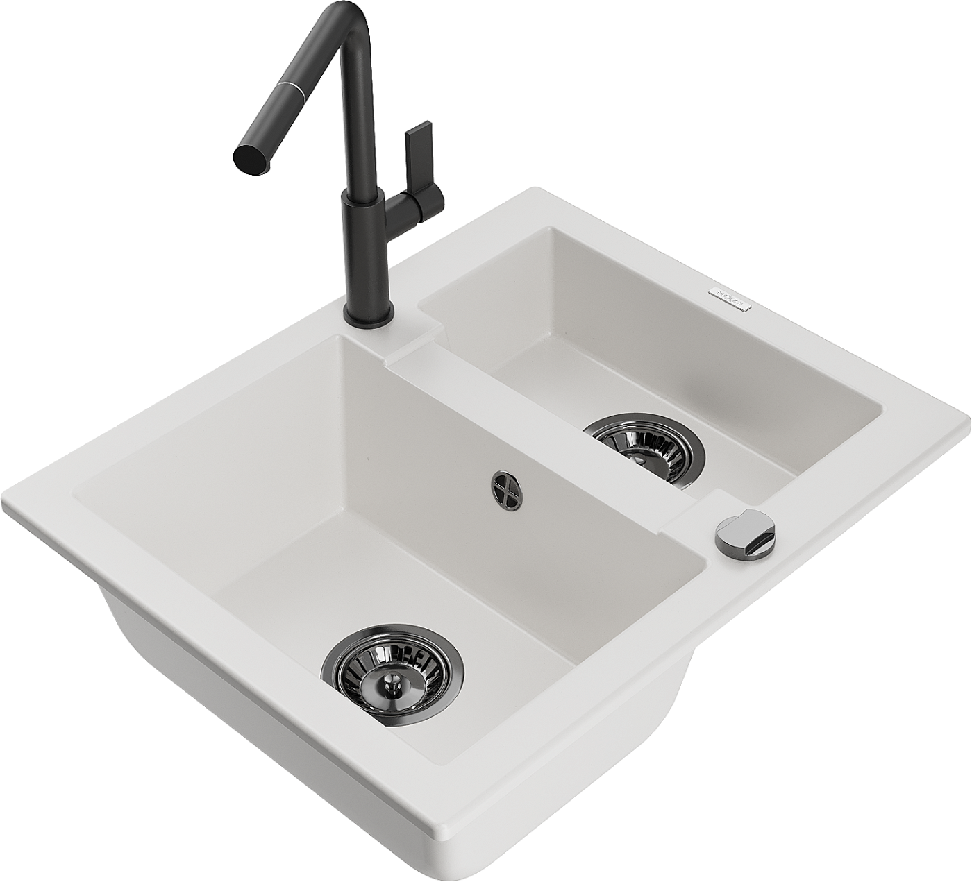 Mexen Carlos zlewozmywak granitowy 1,5-komorowy z baterią kuchenną Flora, biały - 6518-20-670401-70-B