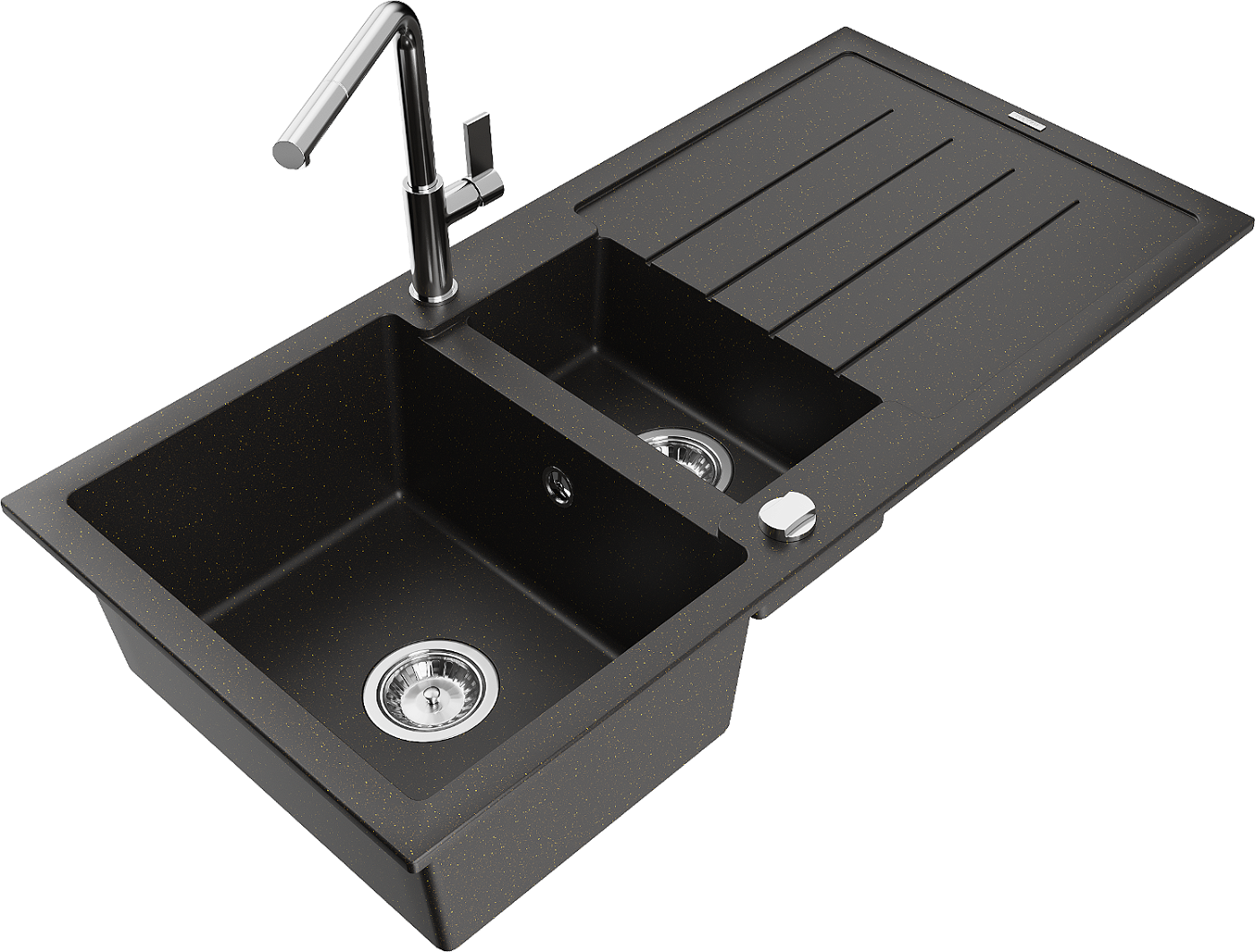 Mexen Andres zlewozmywak granitowy 1,5-komorowy z ociekaczem i baterią kuchenną Flora, czarny/złoty metalik - 6515-75-670401-00