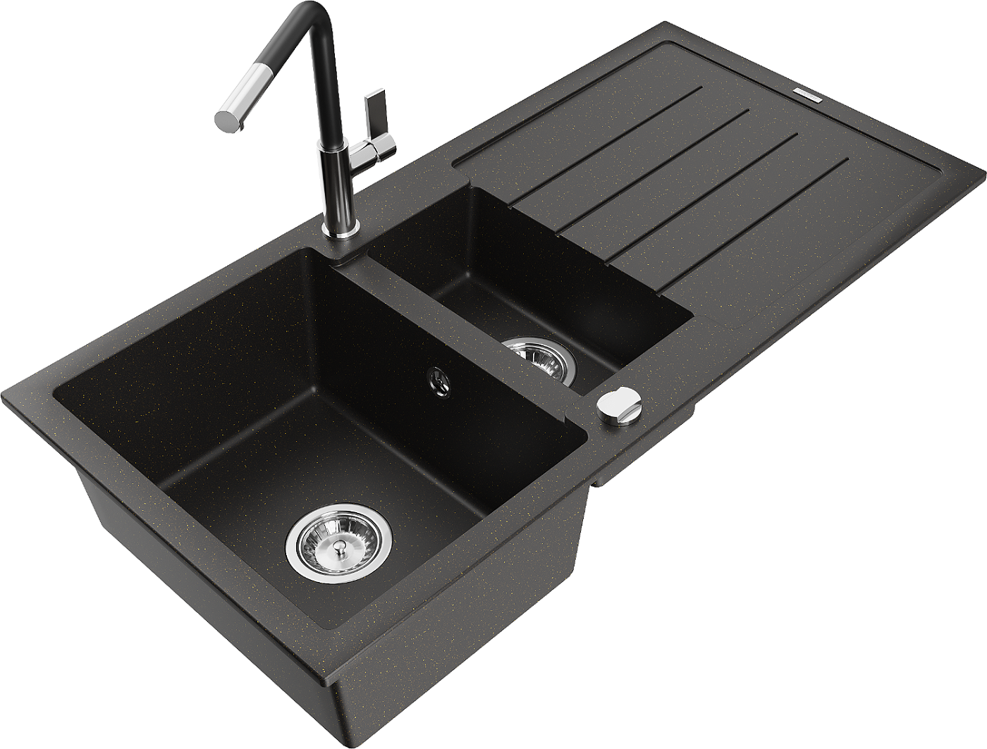 Mexen Andres zlewozmywak granitowy 1,5-komorowy z ociekaczem i baterią kuchenną Flora, czarny/złoty metalik - 6515-75-670401-07