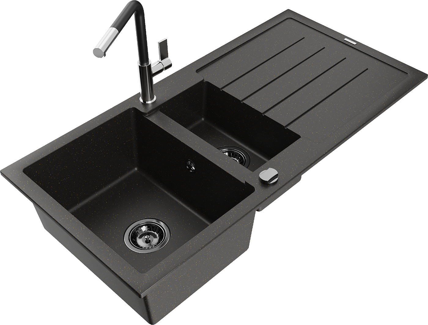 Mexen Andres zlewozmywak granitowy 1,5-komorowy z ociekaczem i baterią kuchenną Flora, czarny/złoty - 6515-75-670401-07-B