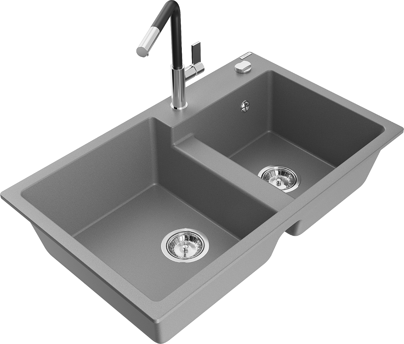Mexen Tomas zlewozmywak granitowy 2-komorowy z baterią kuchenną Flora, szary - 6516-71-670401-07