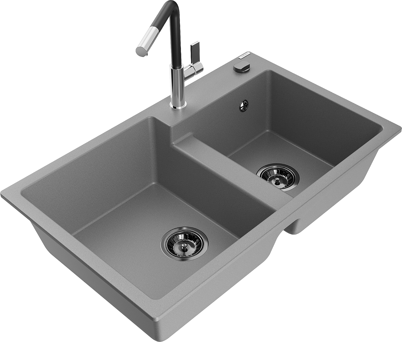 Mexen Tomas zlewozmywak granitowy 2-komorowy z baterią kuchenną Flora, szary - 6516-71-670401-07-B