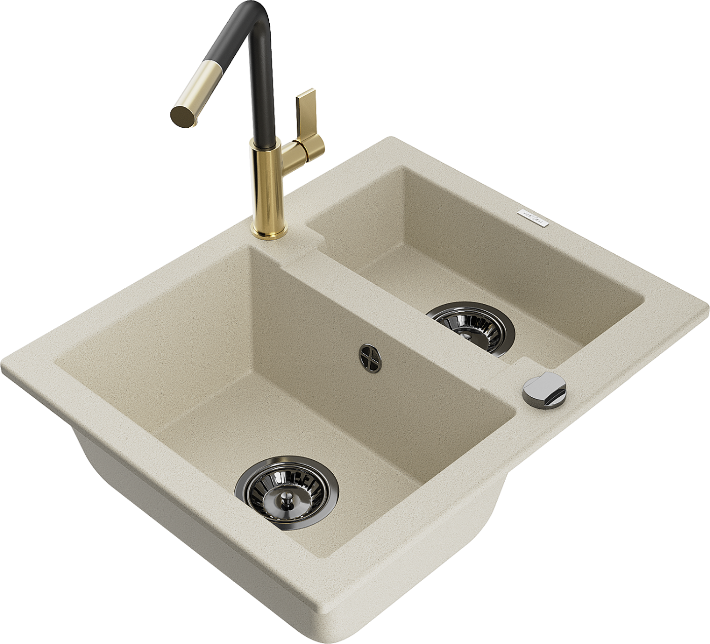 Mexen Carlos zlewozmywak granitowy 1,5-komorowy z baterią kuchenną Flora, beżowy - 6518-69-670401-57-B