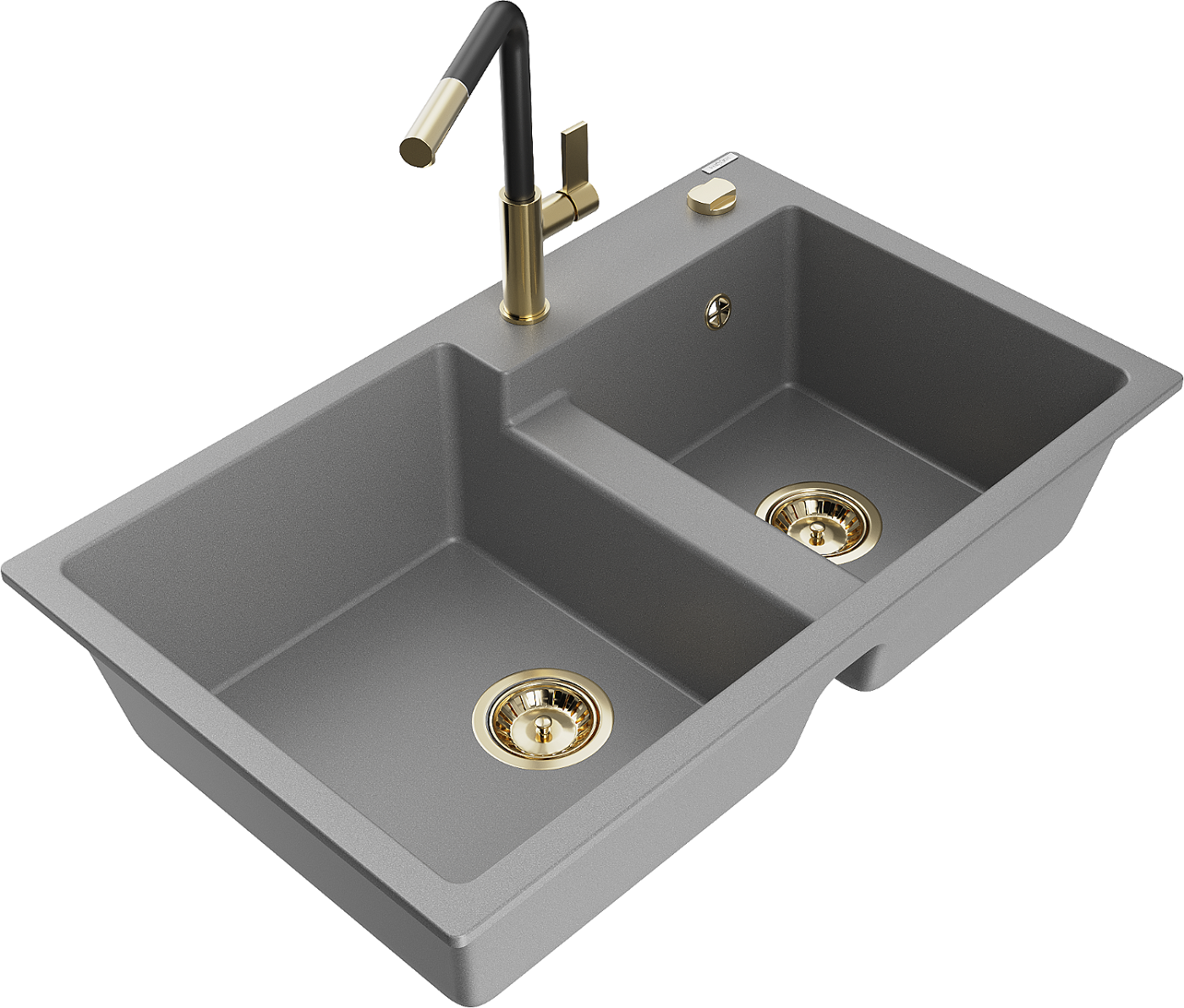 Mexen Tomas zlewozmywak granitowy 2-komorowy z baterią kuchenną Flora, szary - 6516-71-670401-57-G