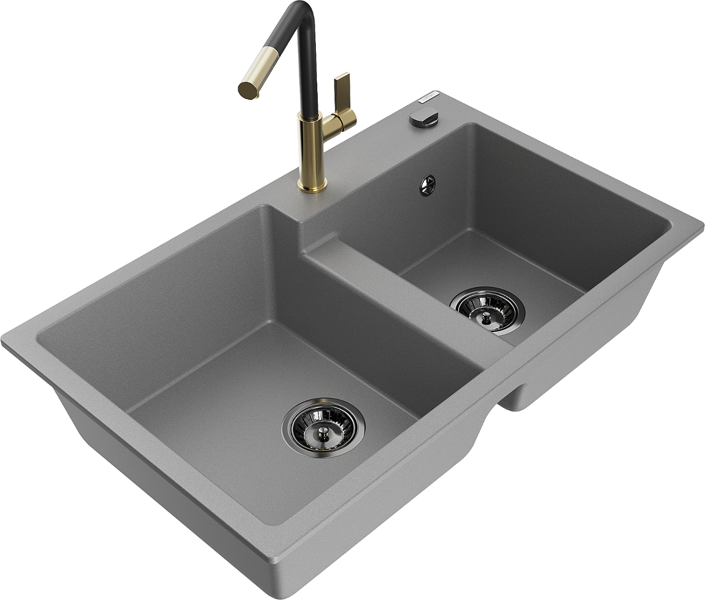 Mexen Tomas zlewozmywak granitowy 2-komorowy z baterią kuchenną Flora, szary - 6516-71-670401-57-B