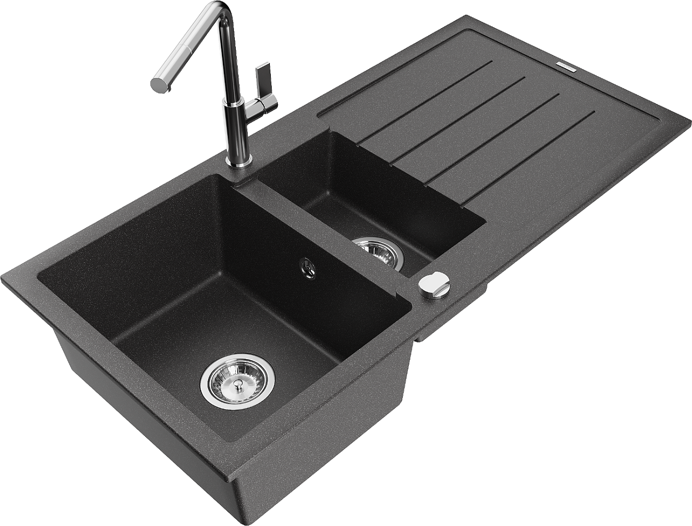 Mexen Andres zlewozmywak granitowy 1,5-komorowy z ociekaczem i baterią kuchenną Flora, czarny nakrapiany - 6515-76-670401-00