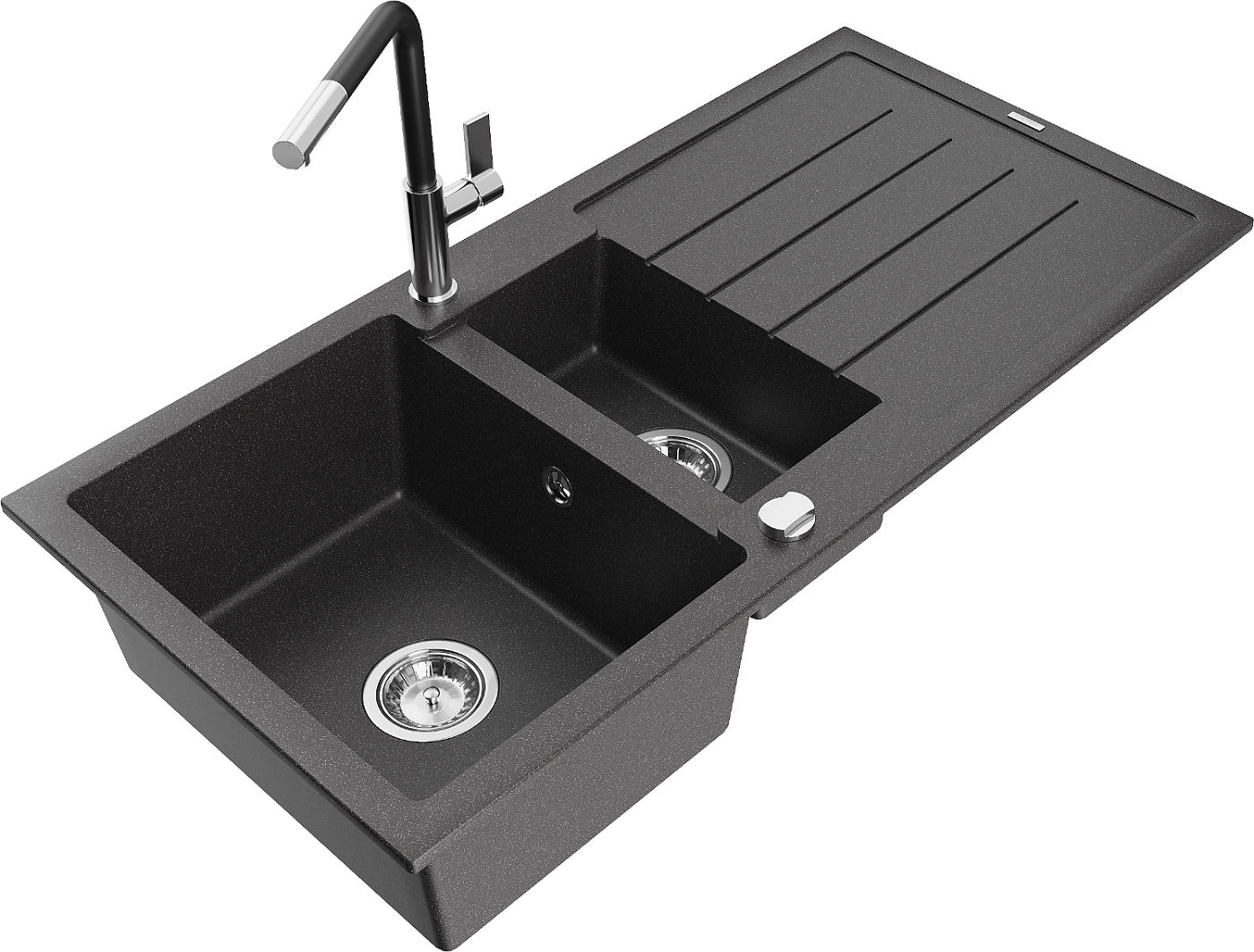 Mexen Andres zlewozmywak granitowy 1,5-komorowy z ociekaczem i baterią kuchenną Flora, czarny nakrapiany - 6515-76-670401-07