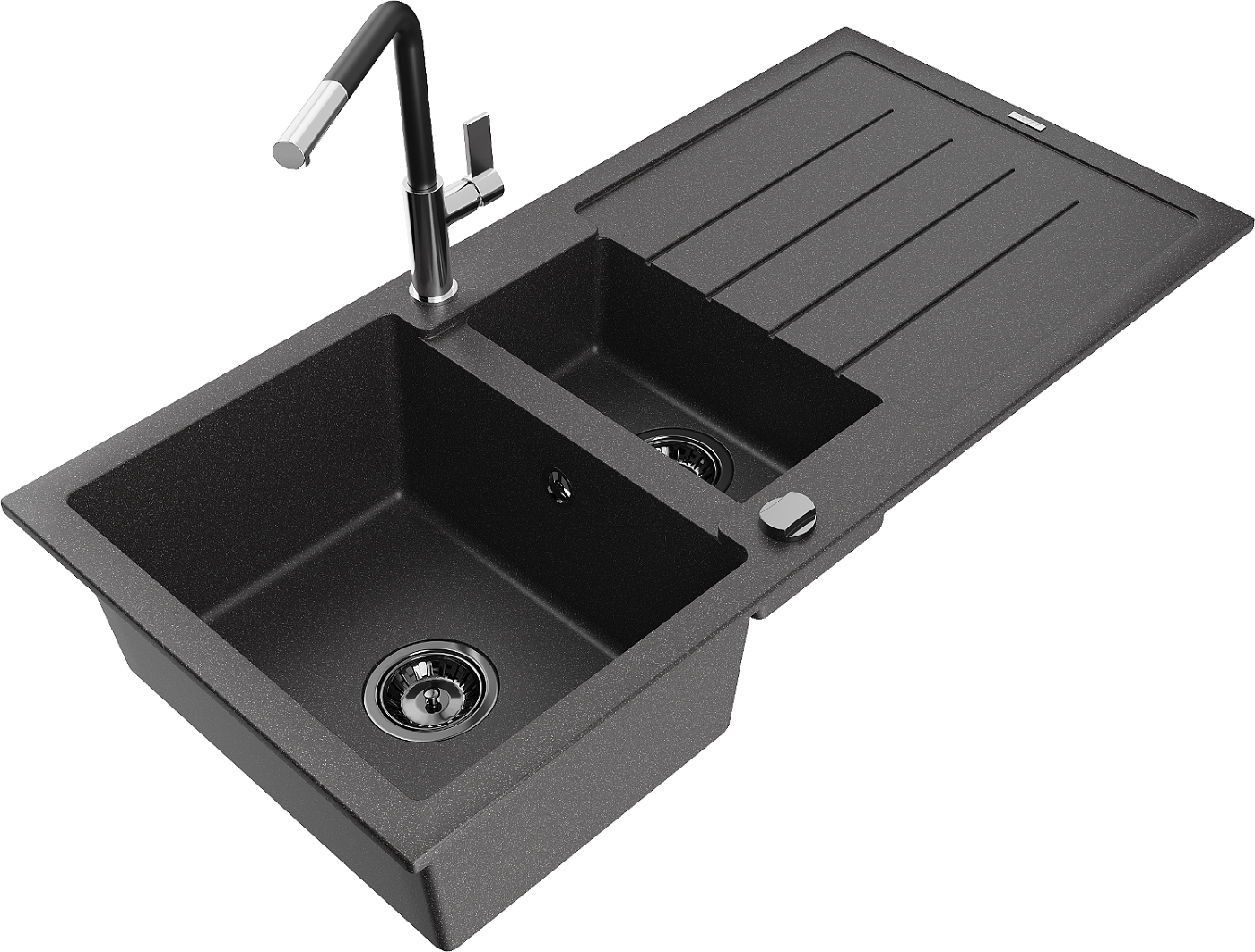 Mexen Andres zlewozmywak granitowy 1,5-komorowy z ociekaczem i baterią kuchenną Flora, czarny nakrapiany - 6515-76-670401-07-B
