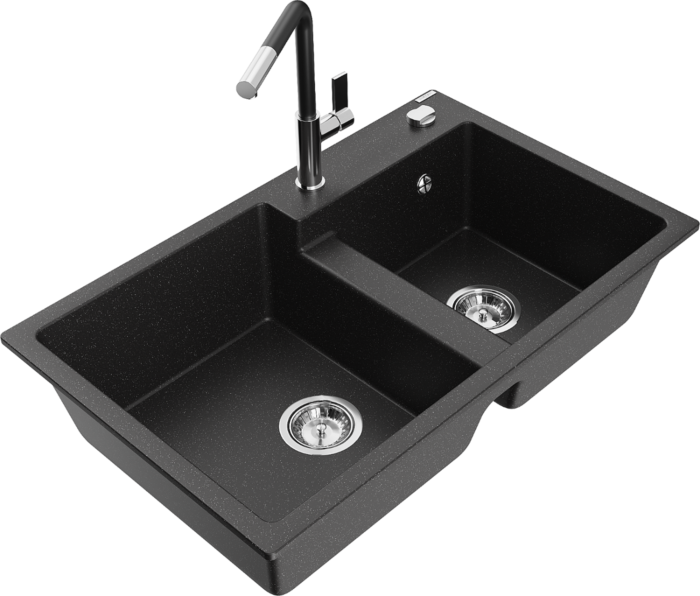 Mexen Tomas zlewozmywak granitowy 2-komorowy z baterią kuchenną Flora, czarny/srebrny metalik - 6516-73-670401-07