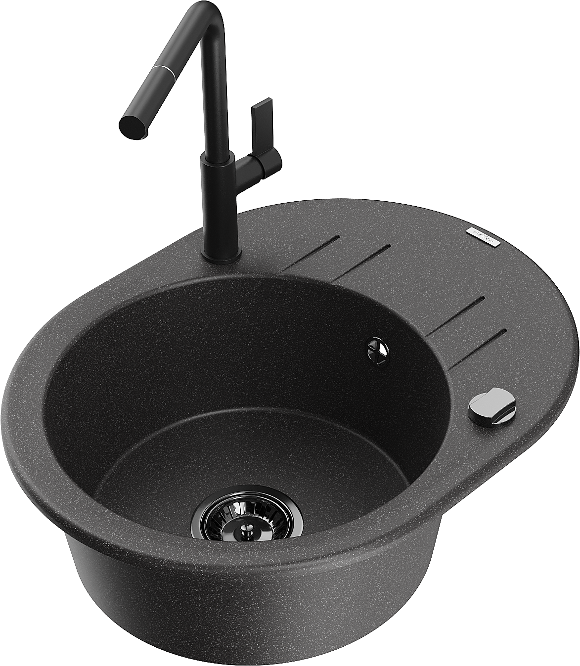 Mexen Kevin zlewozmywak granitowy 1-komorowy z ociekaczem i baterią kuchenną Flora, czarny nakrapiany - 6517-76-670401-70-B
