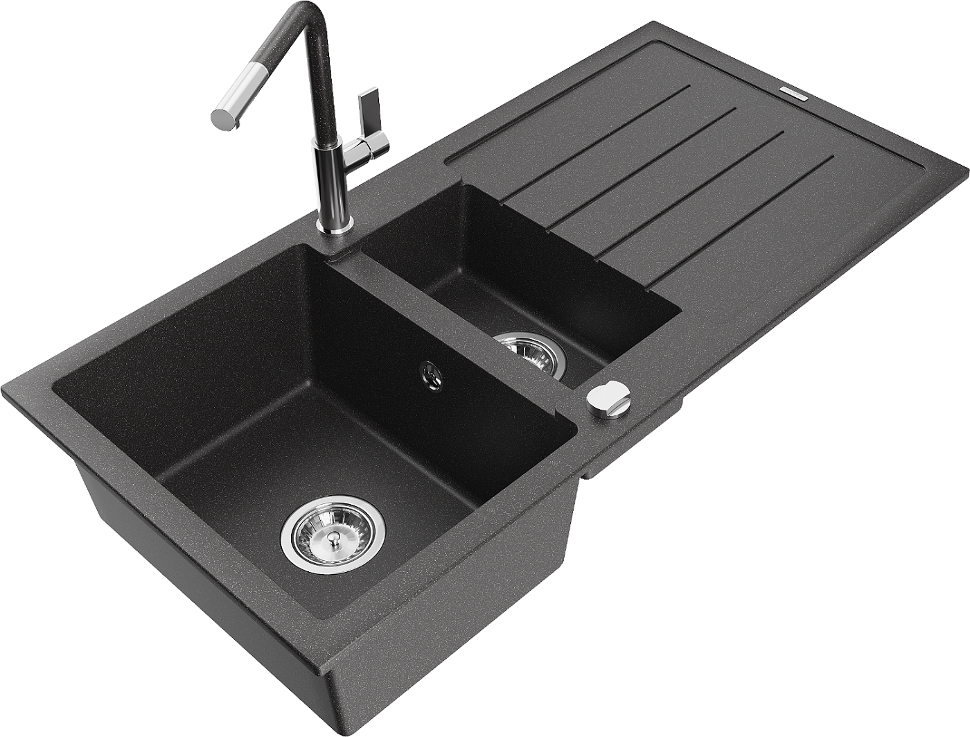 Mexen Andres zlewozmywak granitowy 1,5-komorowy z ociekaczem i baterią kuchenną Flora, czarny nakrapiany - 6515-76-670401-08