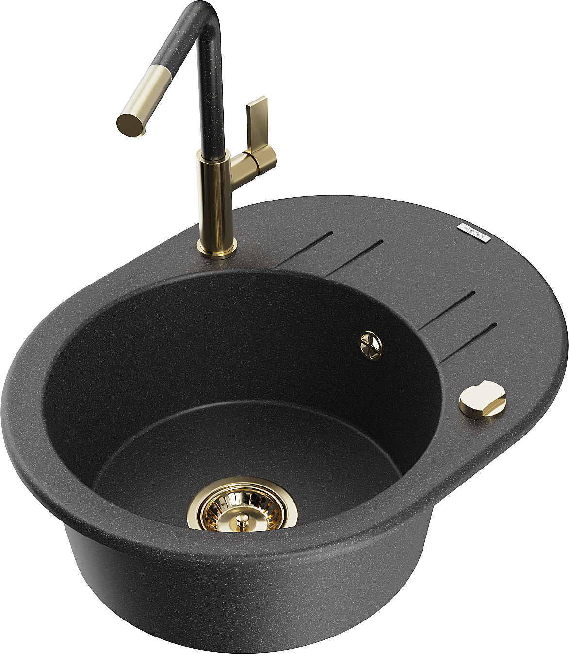 Mexen Kevin zlewozmywak granitowy 1-komorowy z ociekaczem i baterią kuchenną Flora, czarny nakrapiany - 6517-76-670401-75-G