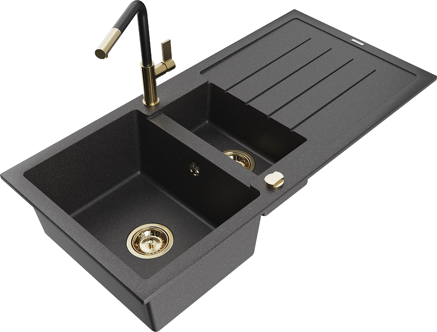 Mexen Andres zlewozmywak granitowy 1,5-komorowy z ociekaczem i baterią kuchenną Flora, czarny nakrapiany - 6515-76-670401-57-G
