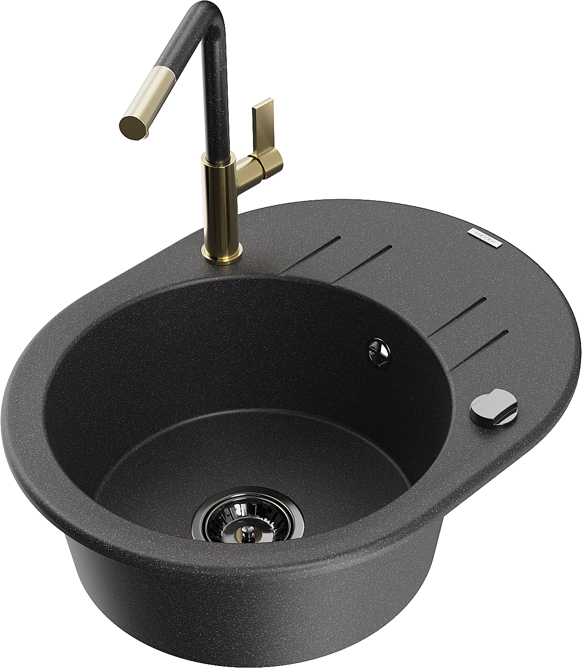Mexen Kevin zlewozmywak granitowy 1-komorowy z ociekaczem i baterią kuchenną Flora, czarny nakrapiany - 6517-76-670401-75-B