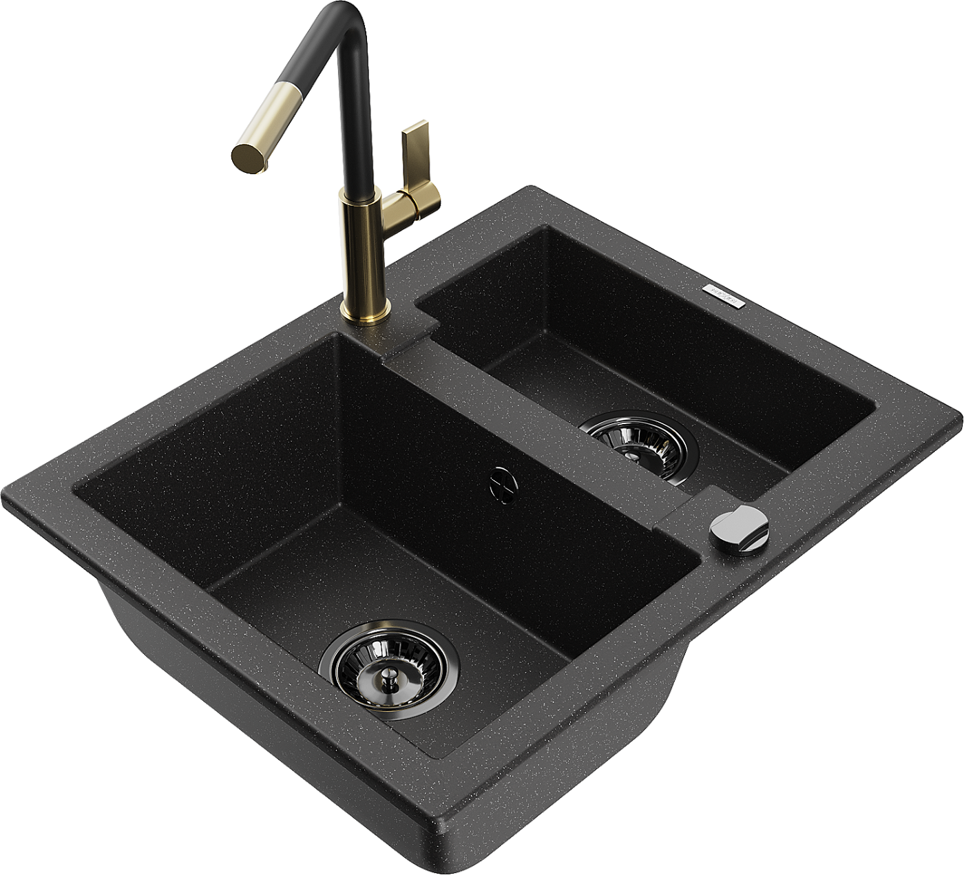 Mexen Carlos zlewozmywak granitowy 1,5-komorowy z baterią kuchenną Flora, czarny/srebrny metalik - 6518-73-670401-57-B
