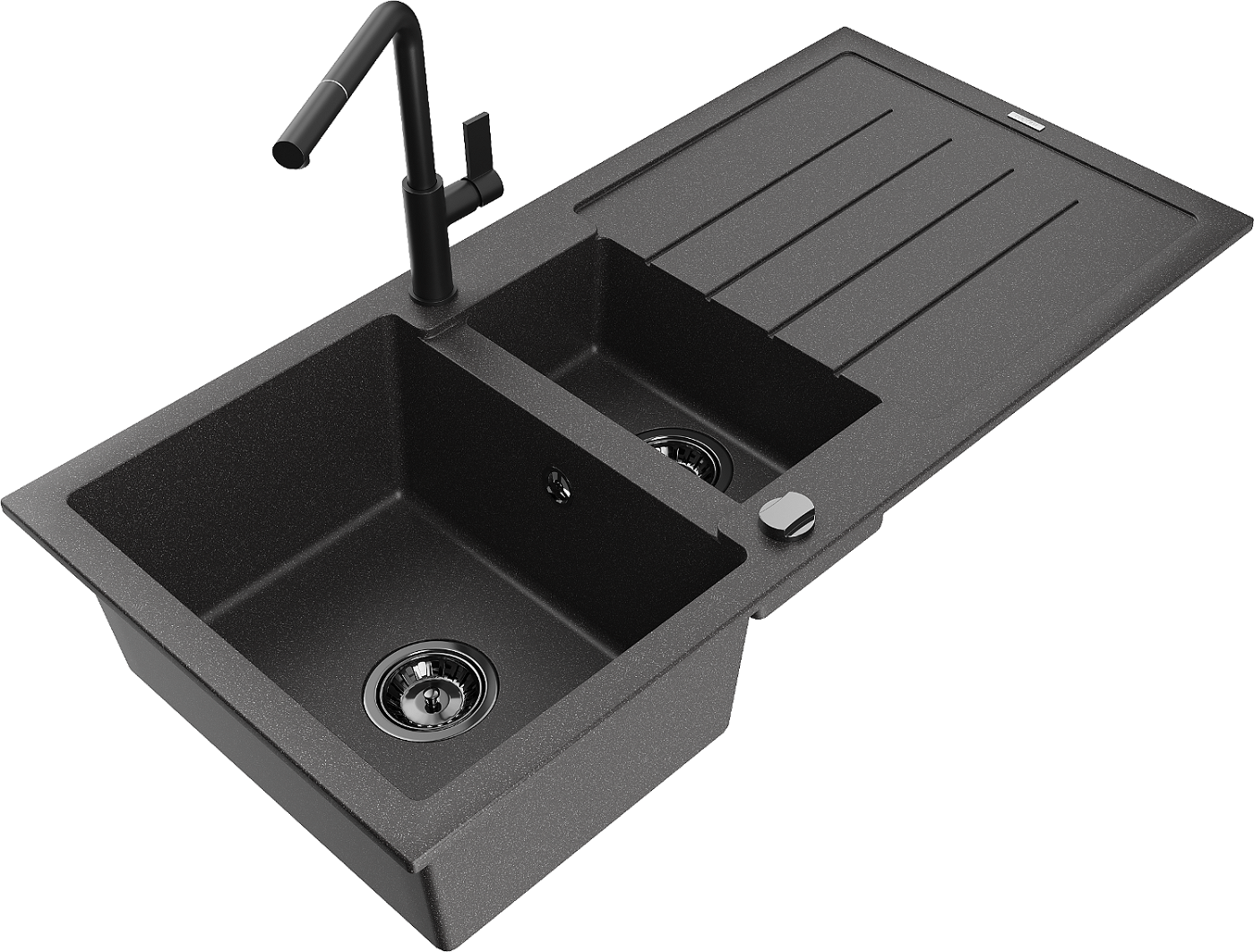 Mexen Andres zlewozmywak granitowy 1,5-komorowy z ociekaczem i baterią kuchenną Flora, czarny nakrapiany - 6515-76-670401-70-B