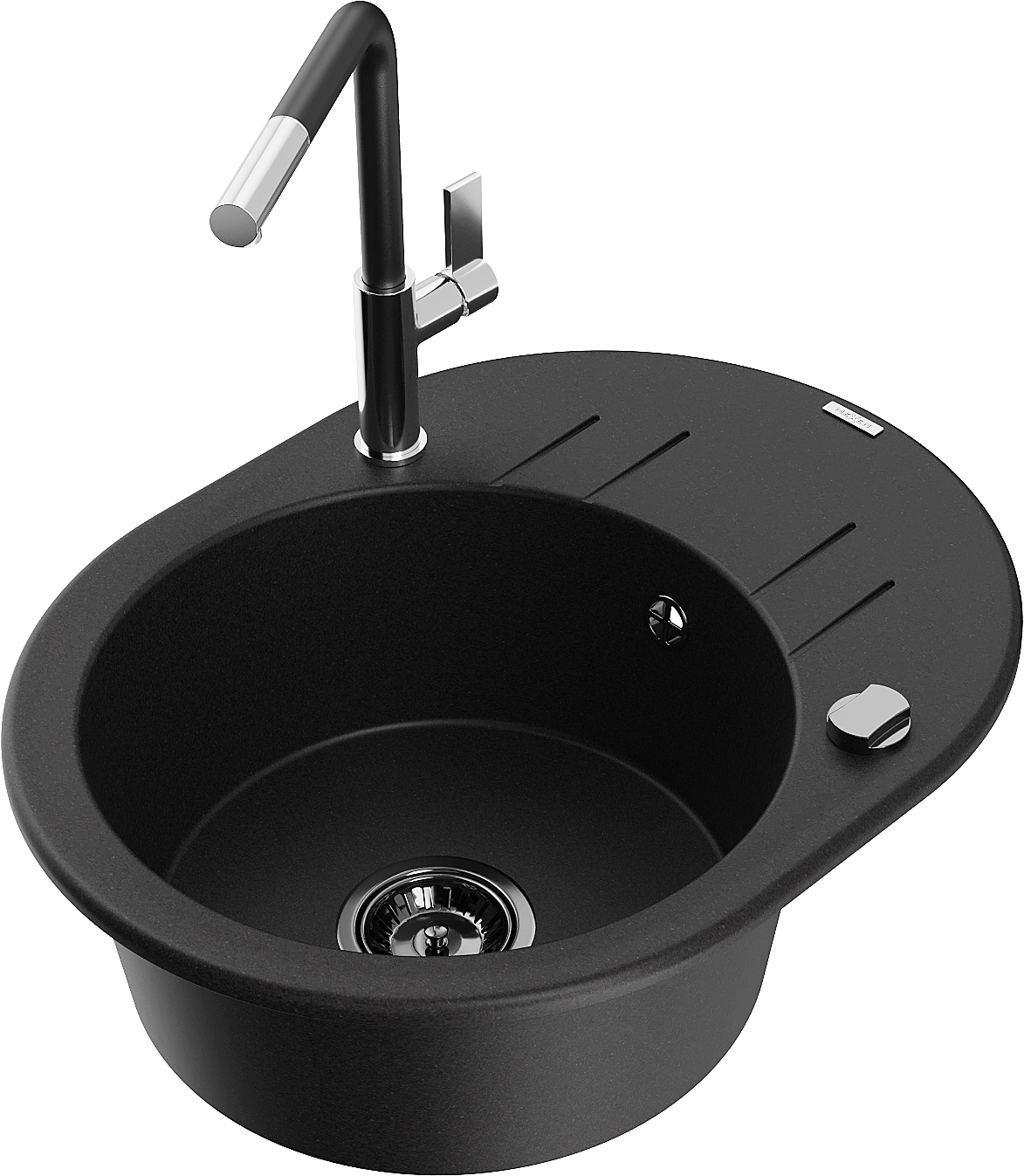Mexen Kevin zlewozmywak granitowy 1-komorowy z ociekaczem i baterią kuchenną Flora, czarny - 6517-77-670401-07-B