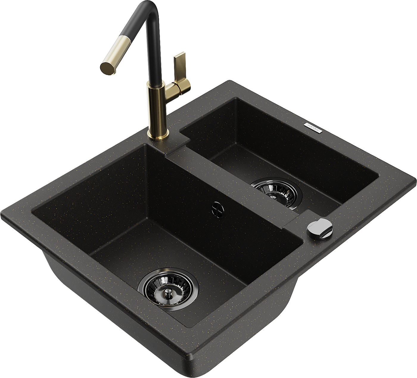 Mexen Carlos zlewozmywak granitowy 1,5-komorowy z baterią kuchenną Flora, czarny/złoty metalik - 6518-75-670401-57-B