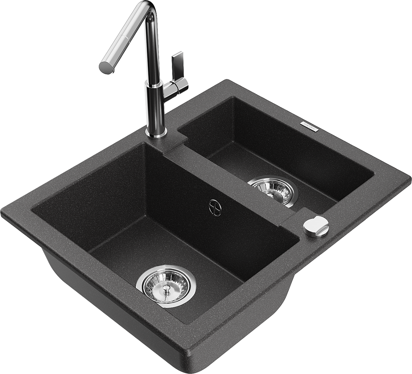 Mexen Carlos zlewozmywak granitowy 1,5-komorowy z baterią kuchenną Flora, czarny nakrapiany - 6518-76-670401-00