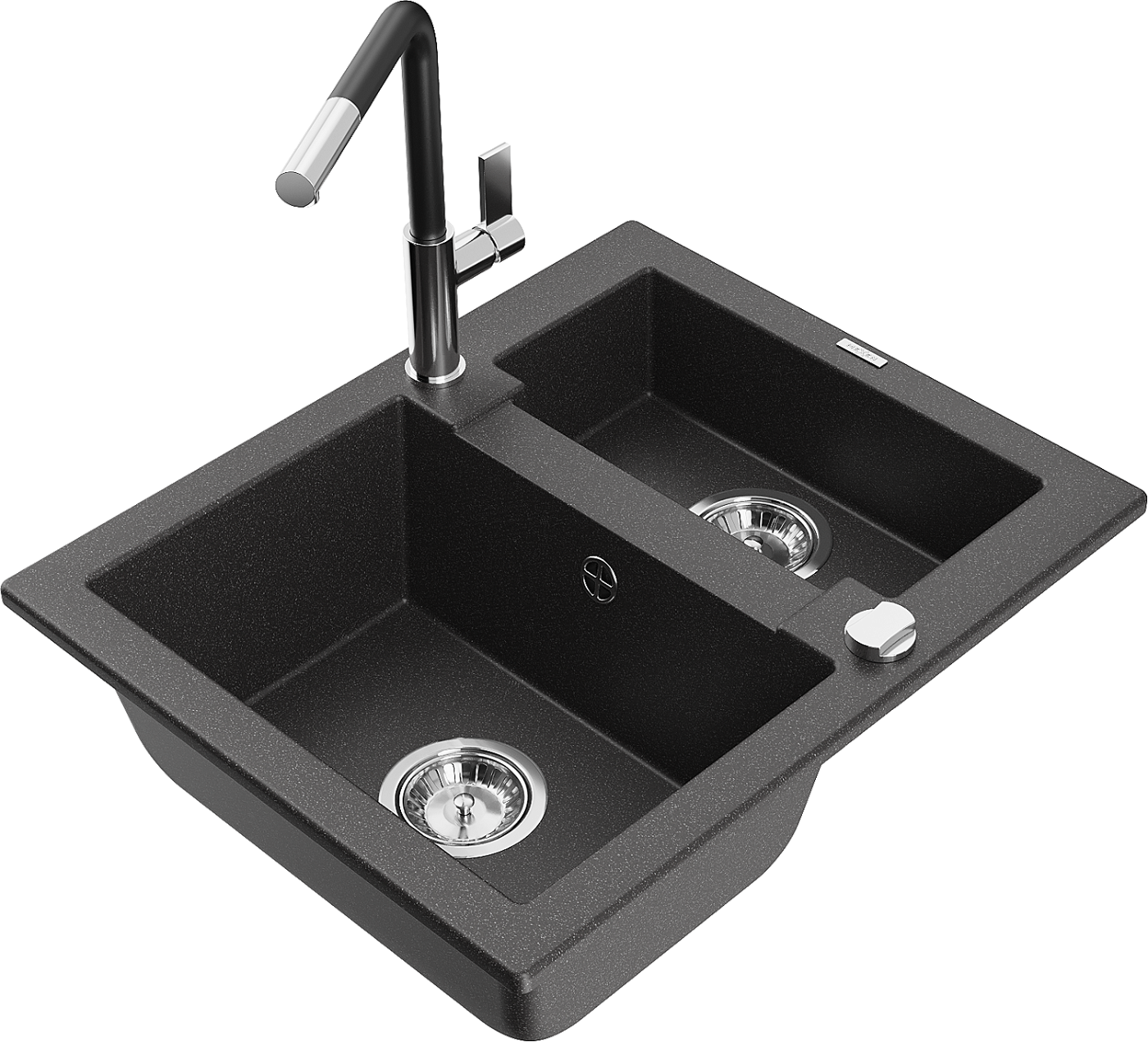 Mexen Carlos zlewozmywak granitowy 1,5-komorowy z baterią kuchenną Flora, czarny nakrapiany - 6518-76-670401-07