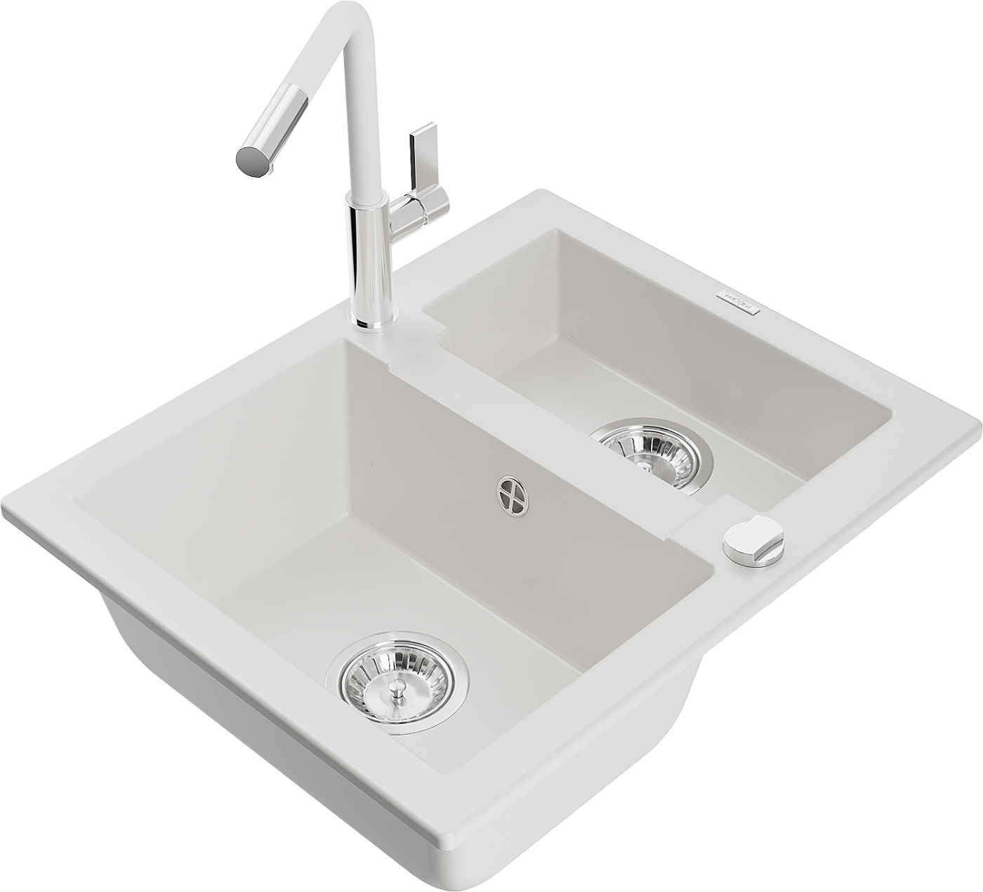 Mexen Carlos zlewozmywak granitowy 1,5-komorowy z baterią kuchenną Flora, biały - 6518-20-670401-02