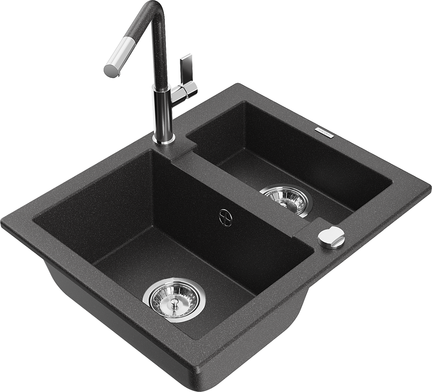 Mexen Carlos zlewozmywak granitowy 1,5-komorowy z baterią kuchenną Flora, czarny nakrapiany - 6518-76-670401-08