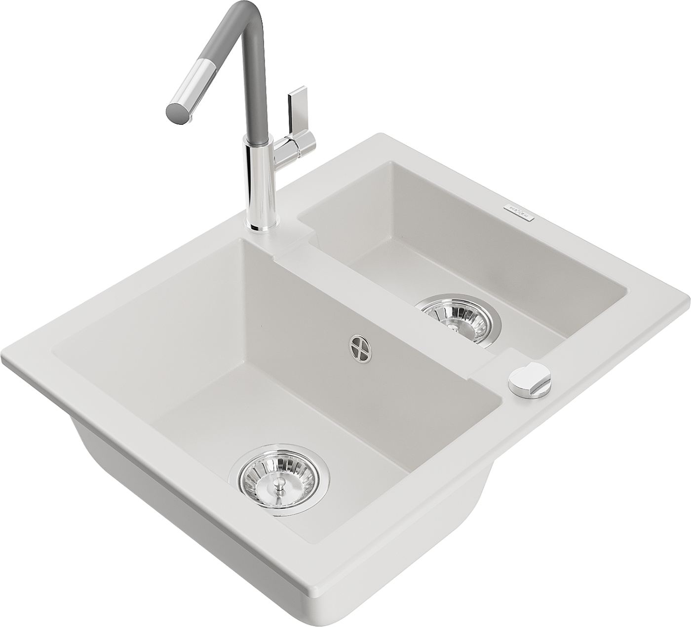 Mexen Carlos zlewozmywak granitowy 1,5-komorowy z baterią kuchenną Flora, biały - 6518-20-670401-06