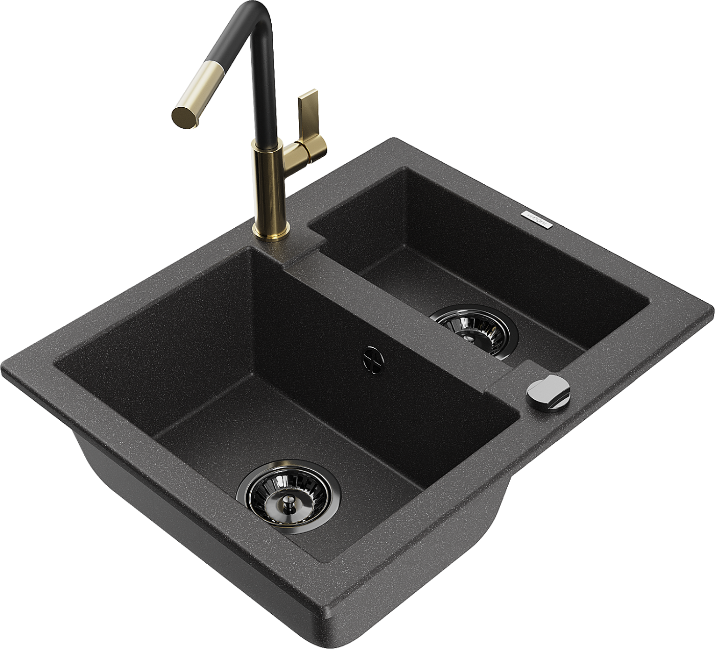 Mexen Carlos zlewozmywak granitowy 1,5-komorowy z baterią kuchenną Flora, czarny nakrapiany - 6518-76-670401-57-B