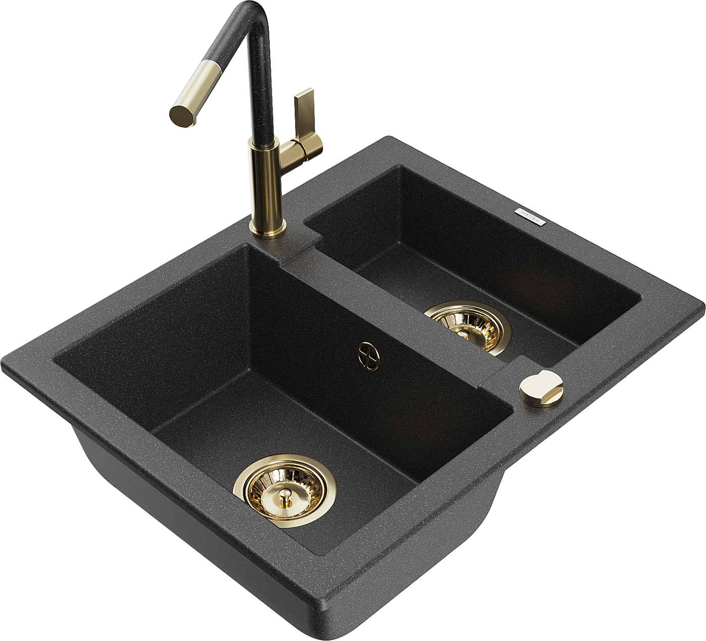 Mexen Carlos zlewozmywak granitowy 1,5-komorowy z baterią kuchenną Flora, czarny nakrapiany - 6518-76-670401-75-G