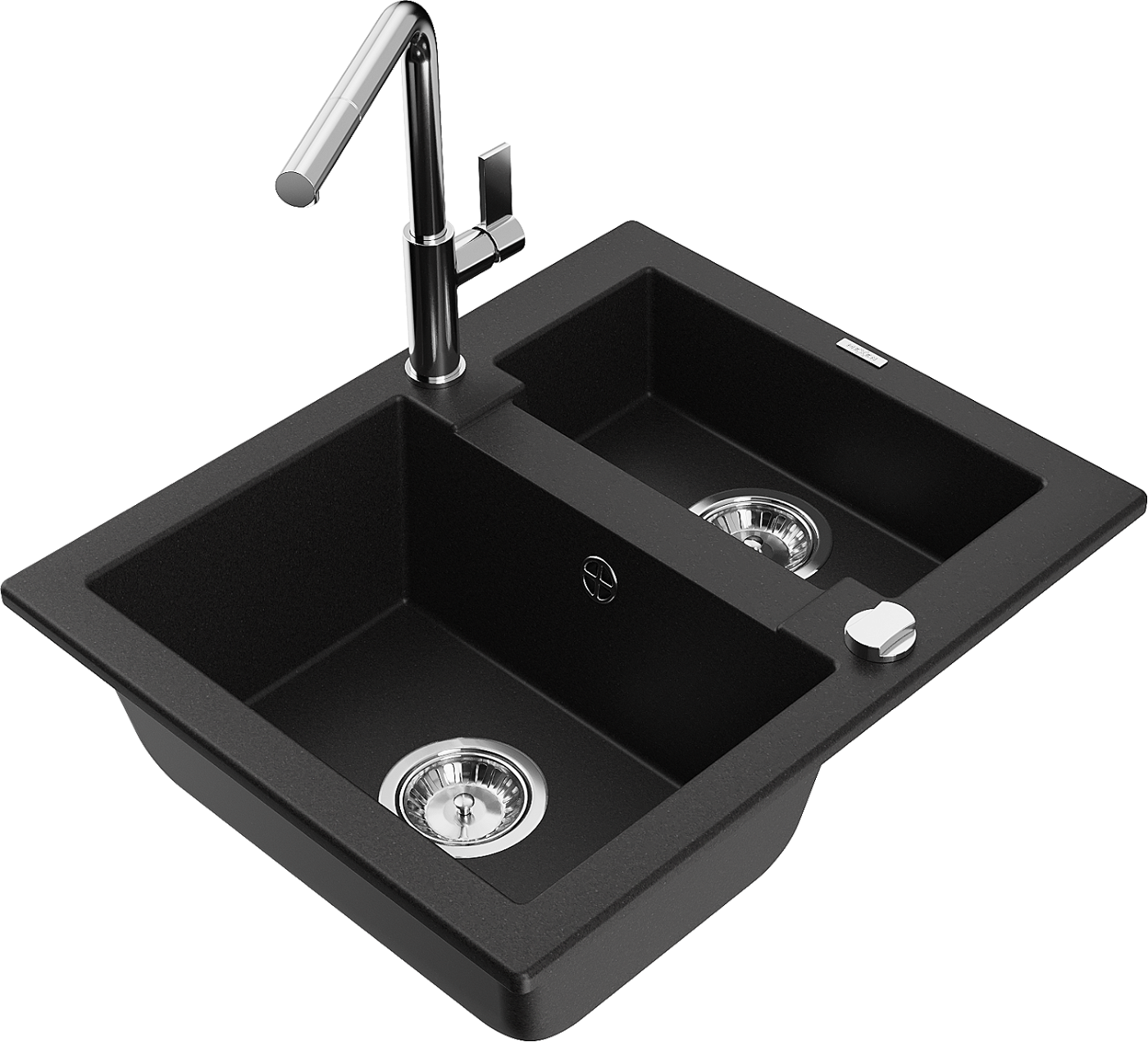 Mexen Carlos zlewozmywak granitowy 1,5-komorowy z baterią kuchenną Flora, czarny - 6518-77-670401-00