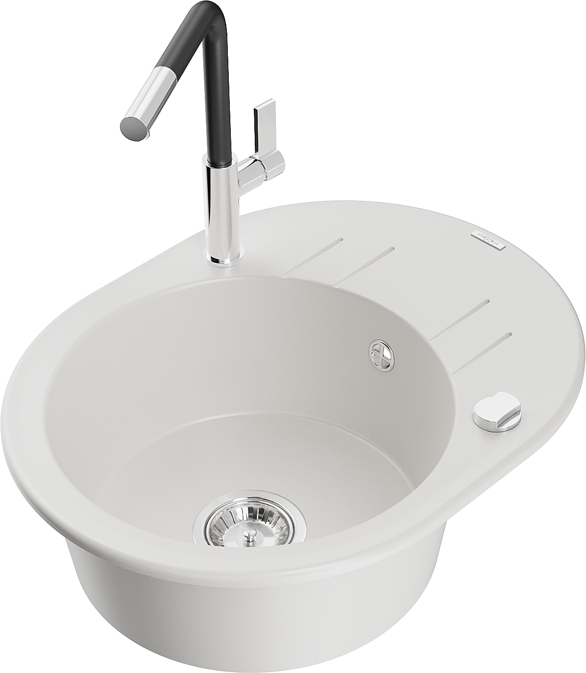 Mexen Kevin zlewozmywak granitowy 1-komorowy z ociekaczem i baterią kuchenną Flora, biały - 6517-20-670401-07