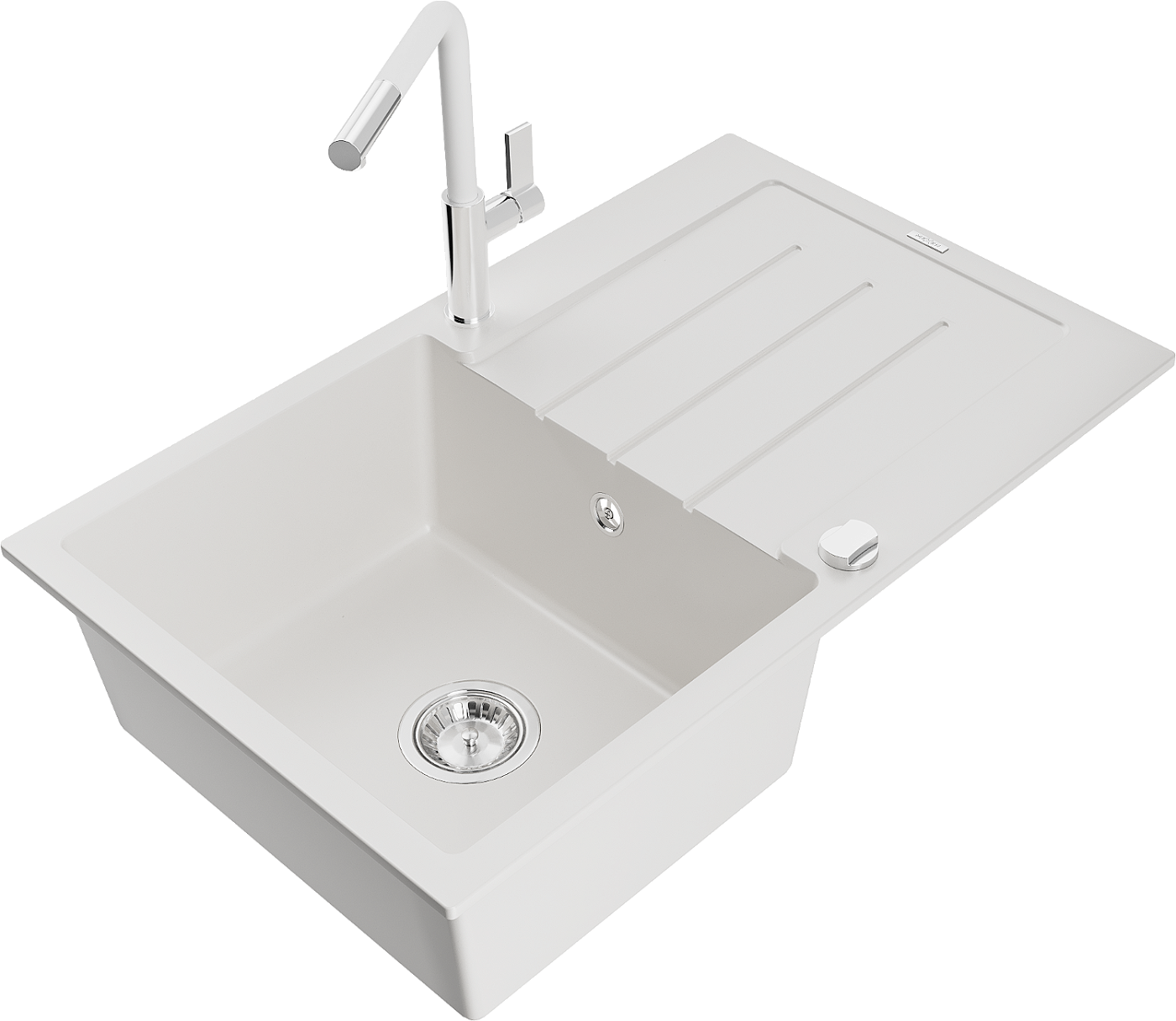 Mexen Bruno zlewozmywak granitowy 1-komorowy z ociekaczem i baterią kuchenną Flora, biały - 6513-20-670401-02