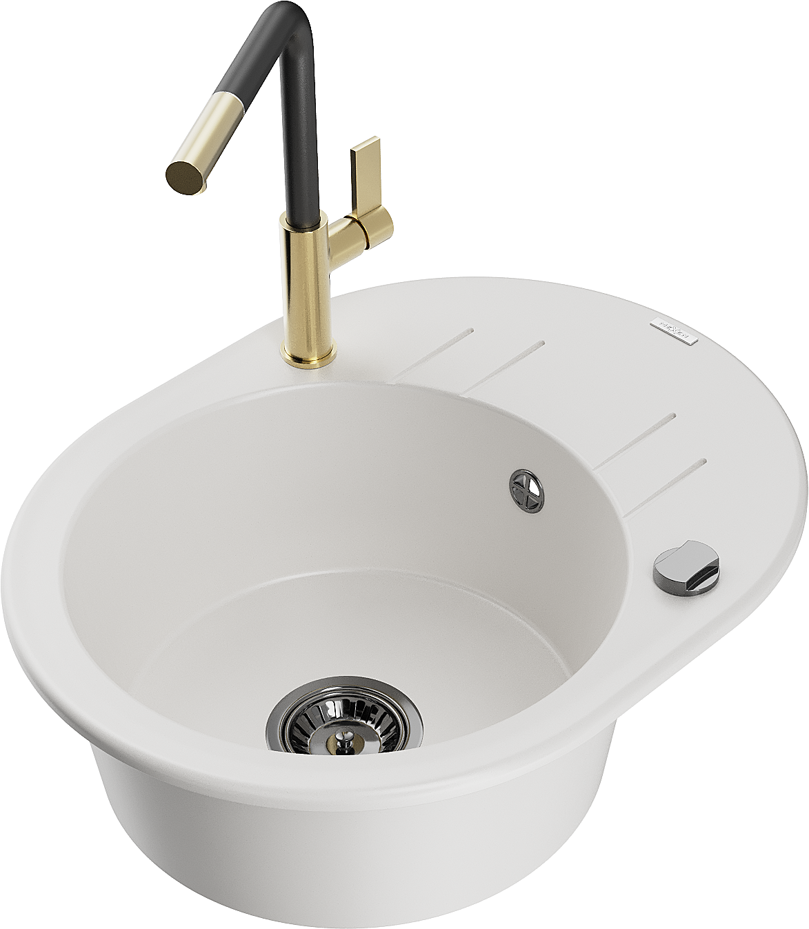 Mexen Kevin zlewozmywak granitowy 1-komorowy z ociekaczem i baterią kuchenną Flora, biały - 6517-20-670401-57-B