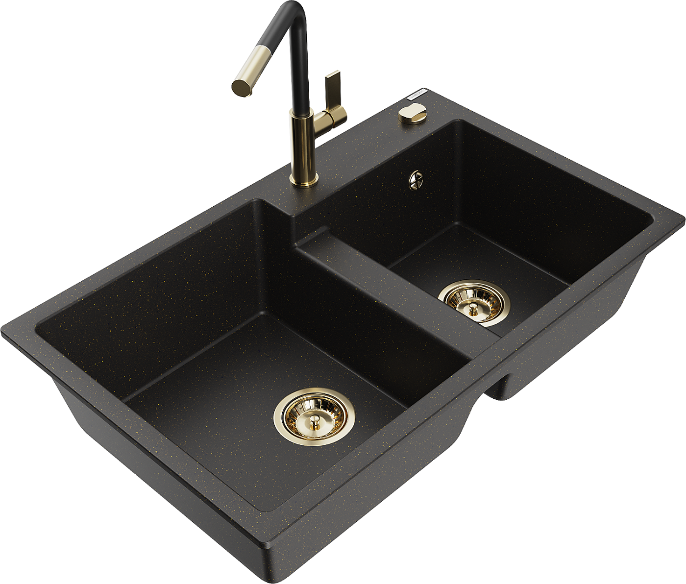 Mexen Tomas zlewozmywak granitowy 2-komorowy z baterią kuchenną Flora, czarny/złoty metalik - 6516-75-670401-57-G