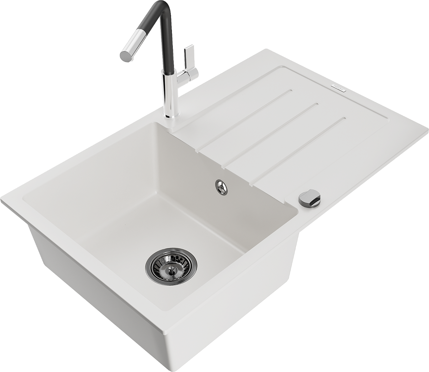 Mexen Bruno zlewozmywak granitowy 1-komorowy z ociekaczem i baterią kuchenną Flora, biały - 6513-20-670401-07-B