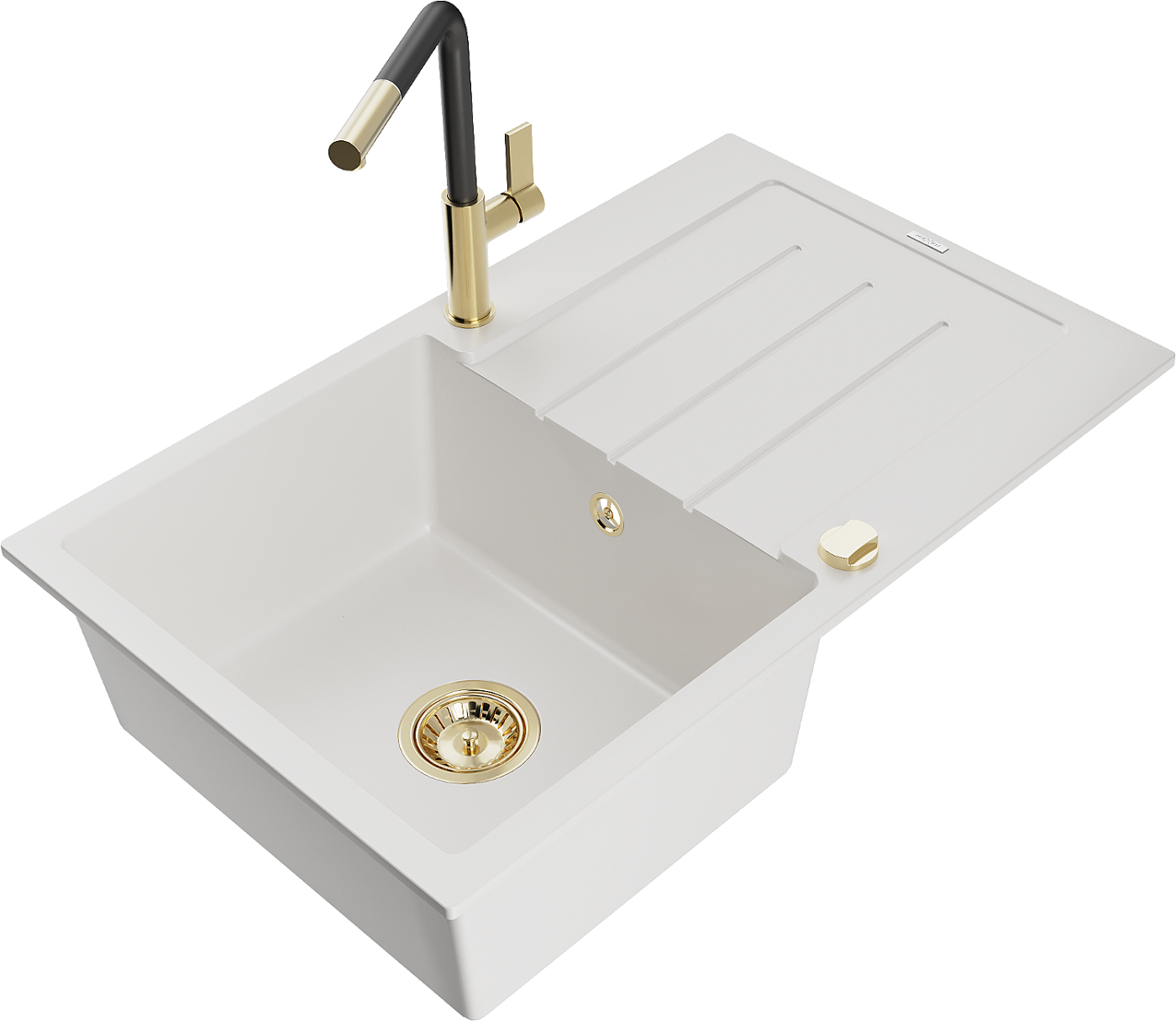 Mexen Bruno zlewozmywak granitowy 1-komorowy z ociekaczem i baterią kuchenną Flora, biały - 6513-20-670401-57-G