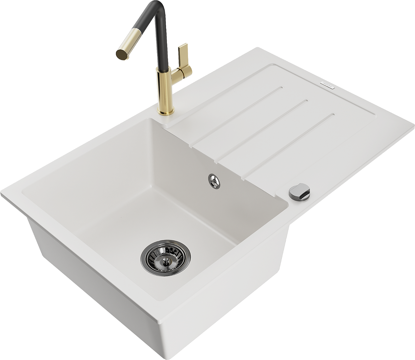 Mexen Bruno zlewozmywak granitowy 1-komorowy z ociekaczem i baterią kuchenną Flora, biały - 6513-20-670401-57-B