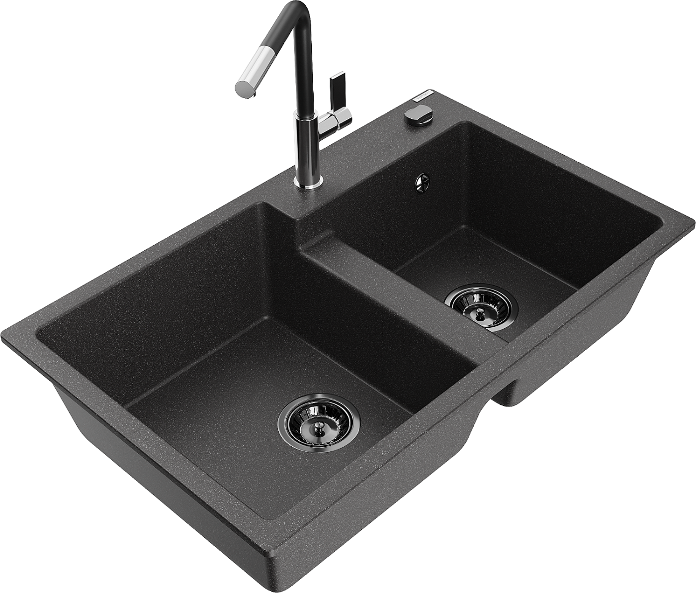 Mexen Tomas zlewozmywak granitowy 2-komorowy z baterią kuchenną Flora, czarny nakrapiany - 6516-76-670401-07-B