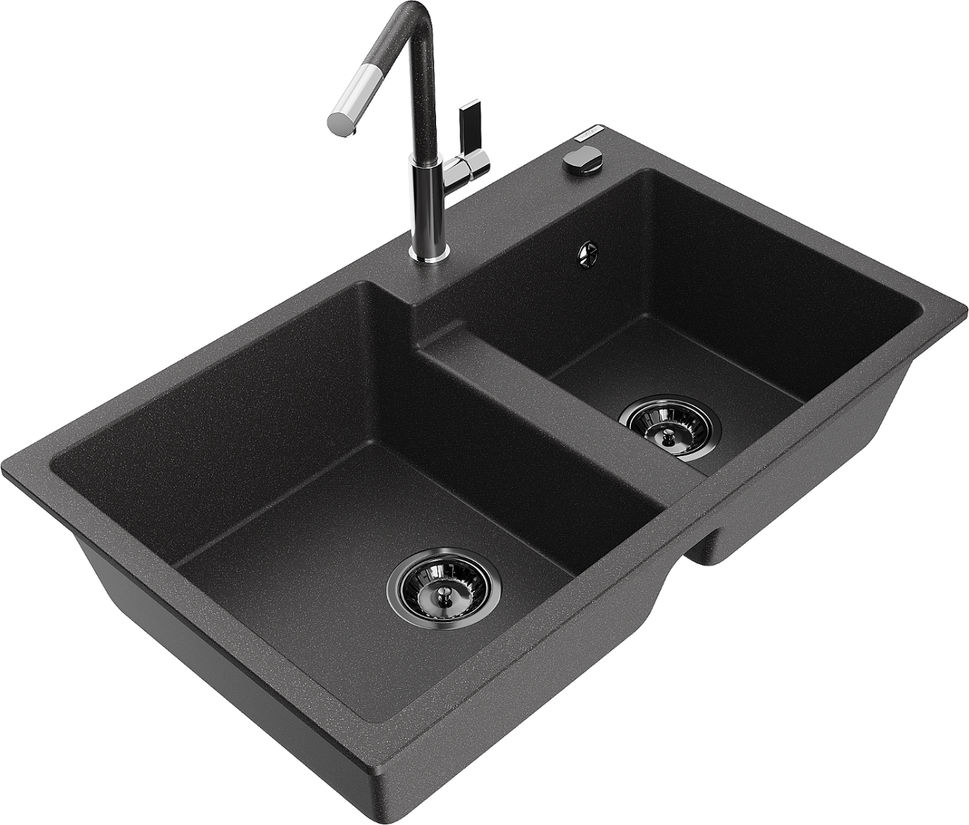 Mexen Tomas zlewozmywak granitowy 2-komorowy z baterią kuchenną Flora, czarny nakrapiany - 6516-76-670401-08-B